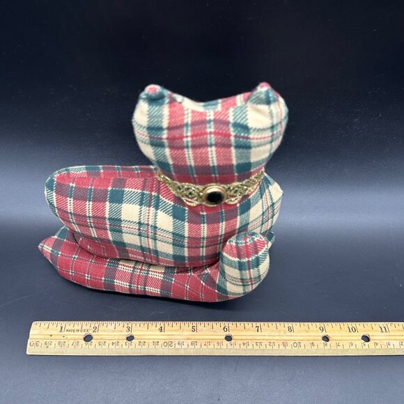 Vintage Cat Shaped Throw Pillow Red Green Plaid Stuffed Animal Kitty Kitten - Picture 10 of 10